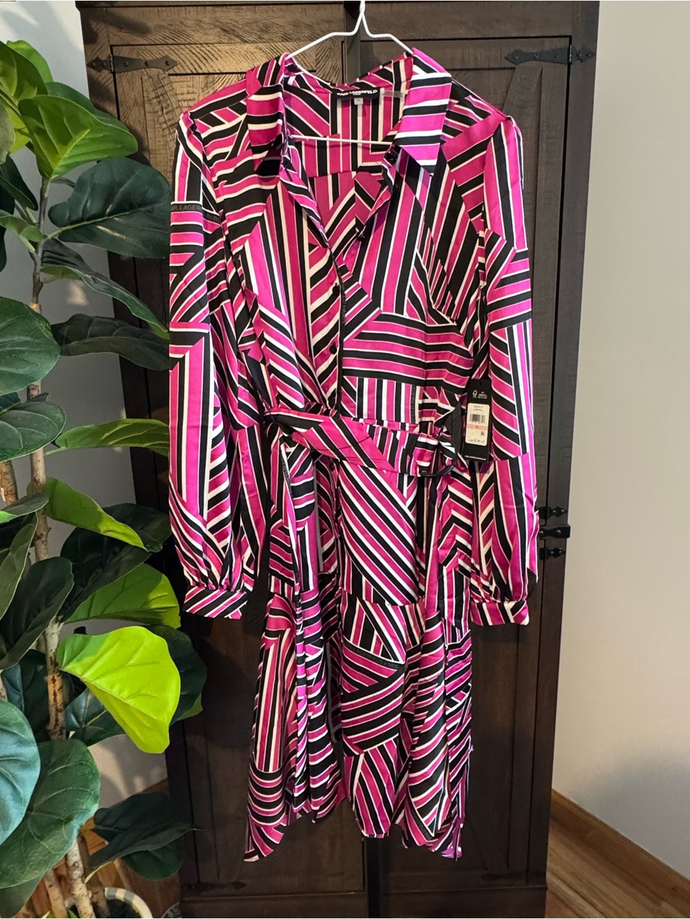 Karl Lagerfeld Pink Black & White Striped Long-Sleeve Wrap Dress